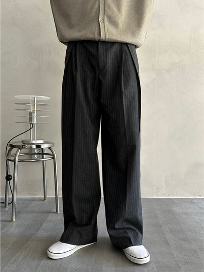 Stripe Pleated Wide-Leg Trousers