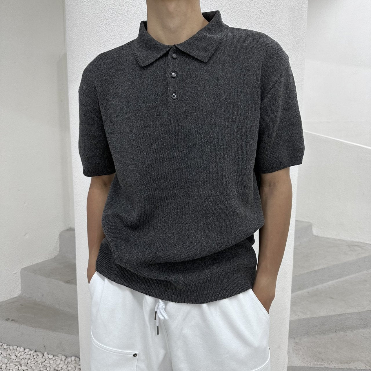 Linen Button Collar Knit