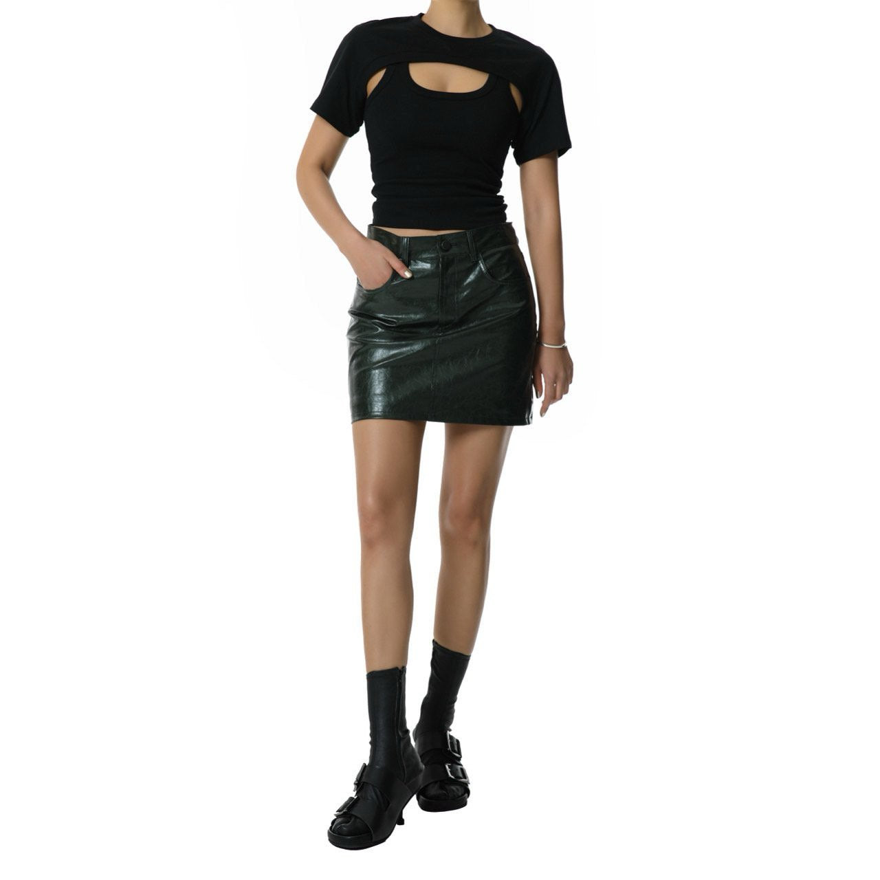 [PAPERMOON] SS / Denim Button Detail Vegan Leather Mini Skirt