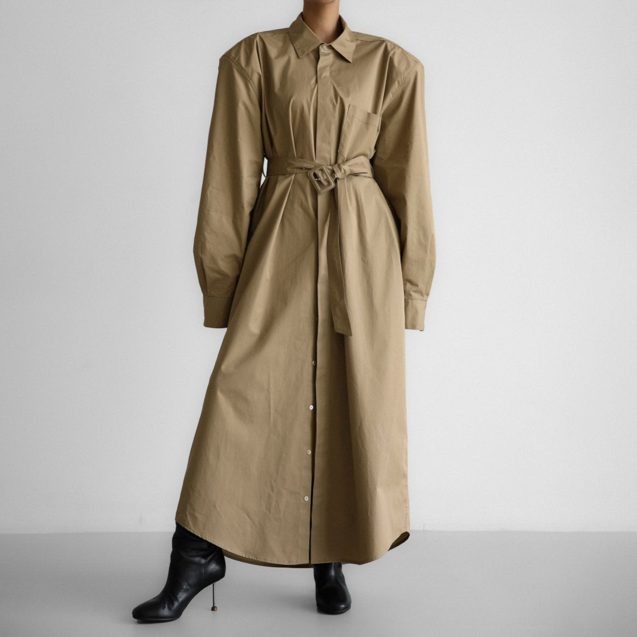 【PAPERMOON 페이퍼 문】SS / Trench Belted Detail Button Down Maxi Shirt Dress