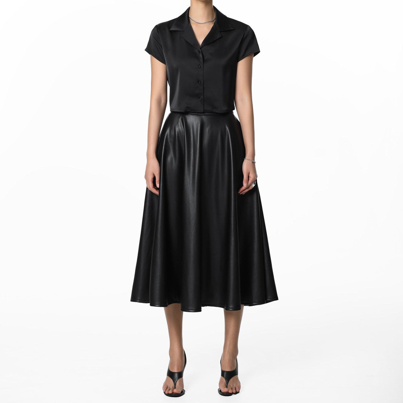 【PAPERMOON 페이퍼 문】SS / Vegan Leather A - Line Flared Midi Skirt