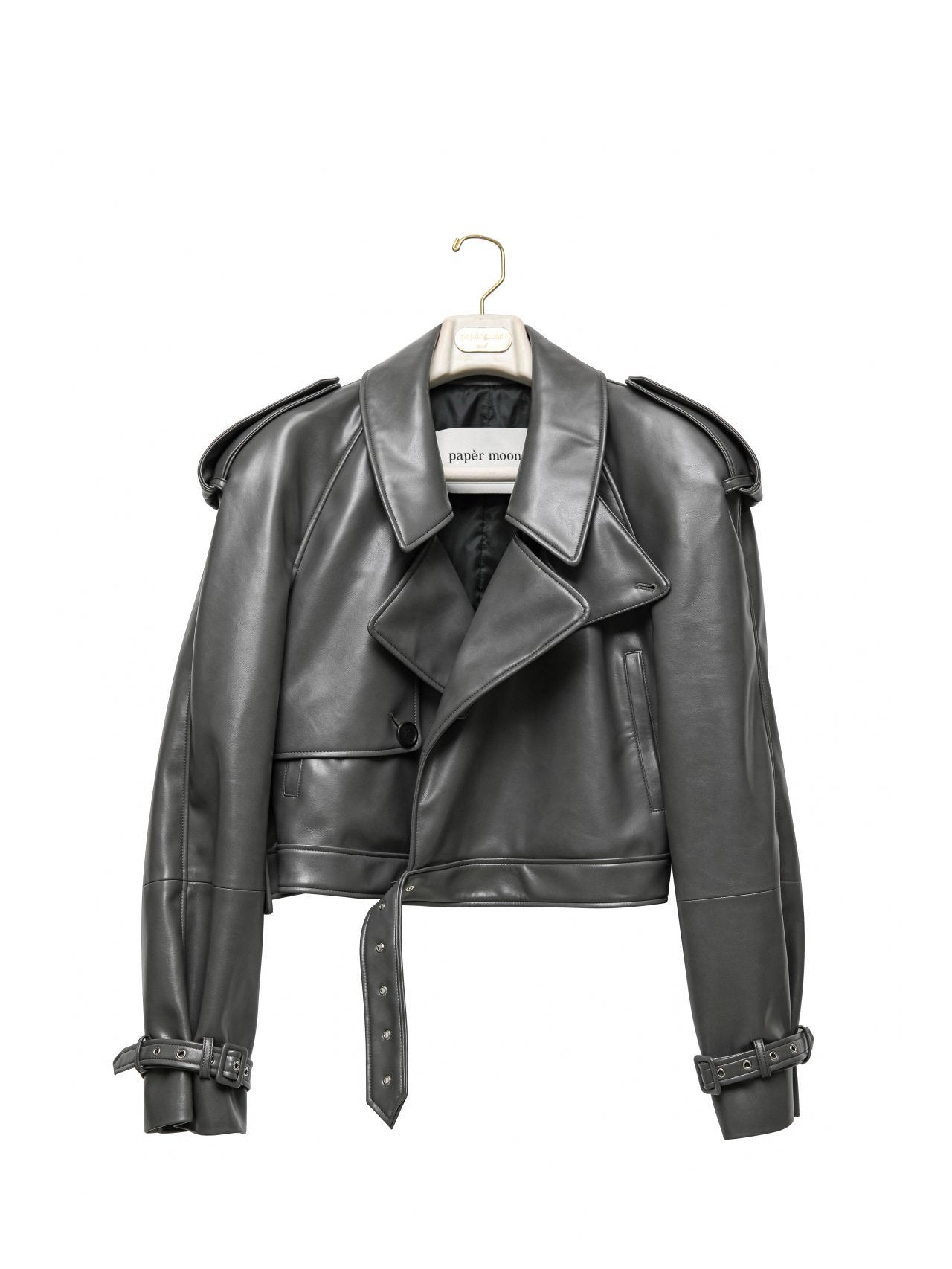 【PAPERMOON ペーパームーン】AW / Belted Buckle Detail Chunky Cropped Leather Trench Jacket