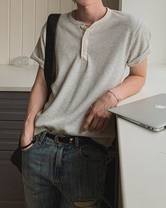 Cut Waffle Henley Neck T-Shirt