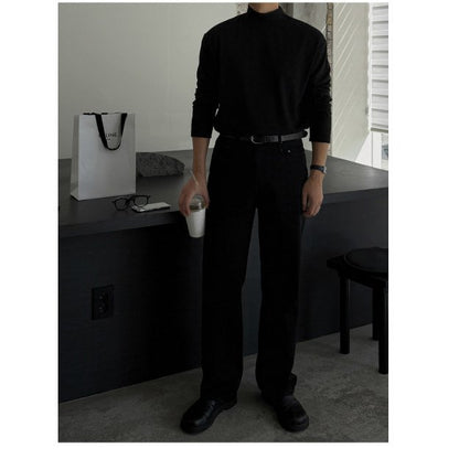 All Black Semi-Wide Back Shirring Denim