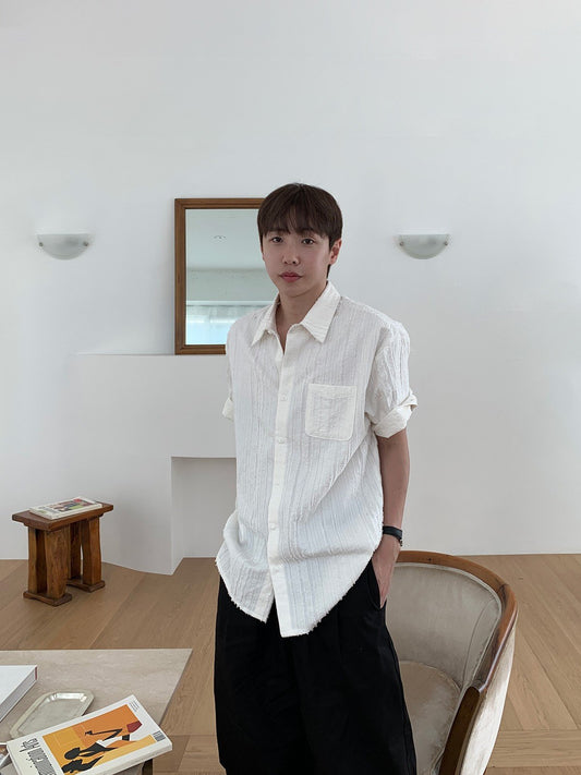 Crinkle Texture Open-Collar Shirt