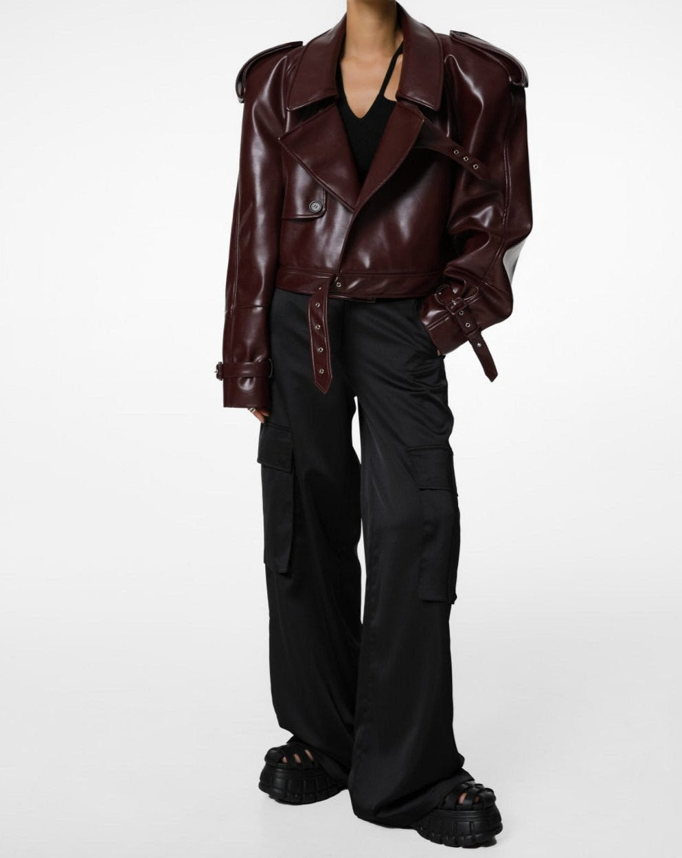 [Ready to ship] [PAPERMOON] AW / Belted Buckle Detail Chunky Cropped Leather Trench Jacket