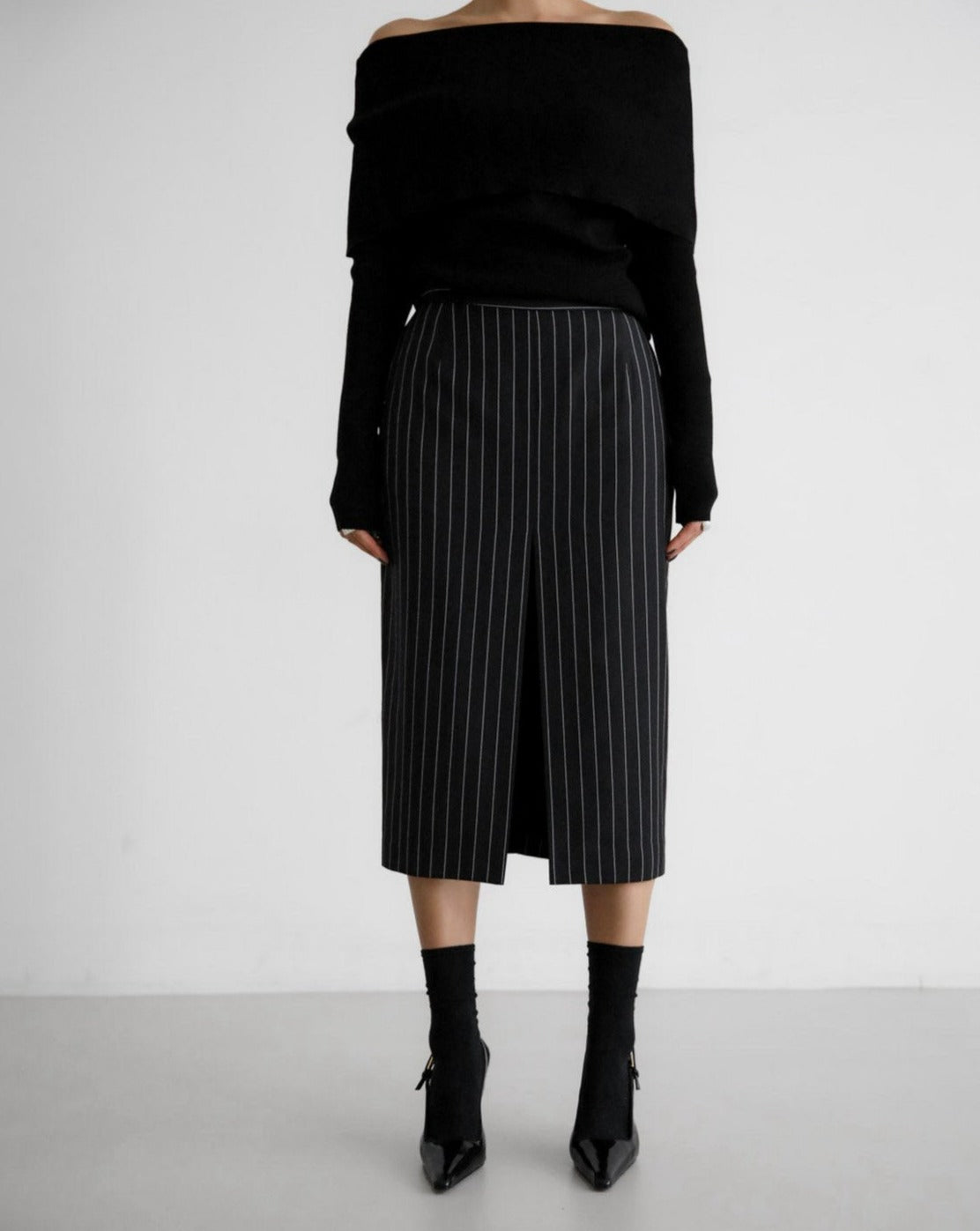 【PAPERMOON 페이퍼 문】SS / Wide Pin Stripe Set Up Suit Pencil Midi Skirt