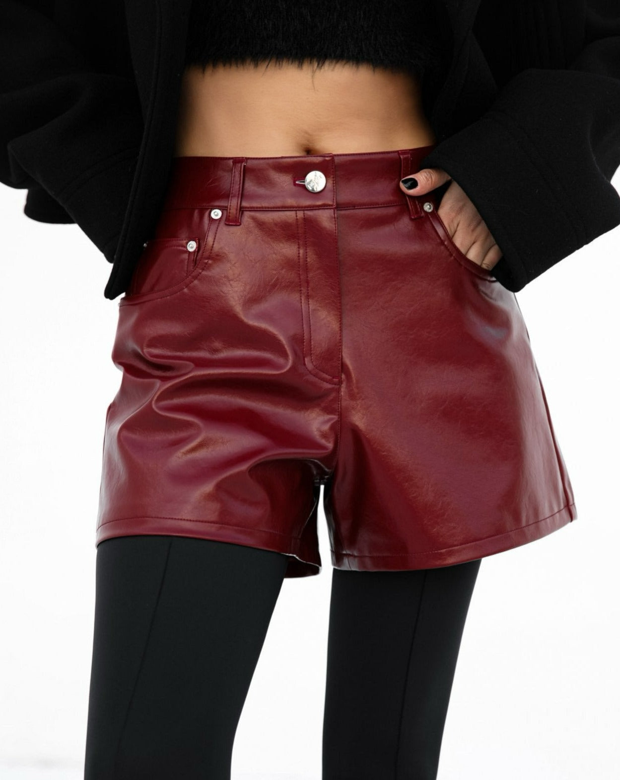 【PAPERMOON 페이퍼 문】SS / Denim Detail Vegan Leather Short Pants