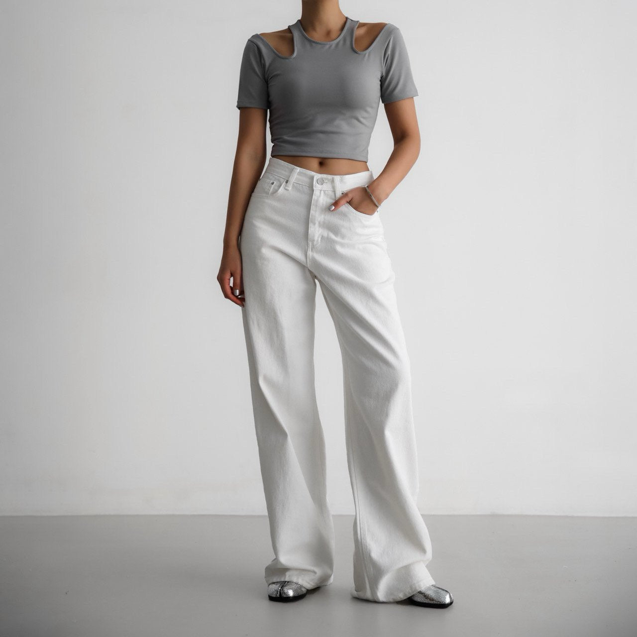 【PAPERMOON 페이퍼 문】SS / High Rise Wide Leg White Denim Pants