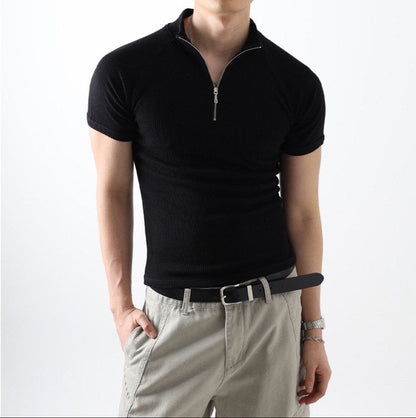 Ribbed Slim Zip Short Sleeve T-Shirt