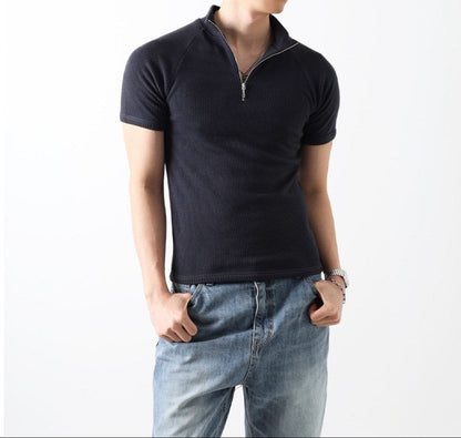 Ribbed Slim Zip Short Sleeve T-Shirt