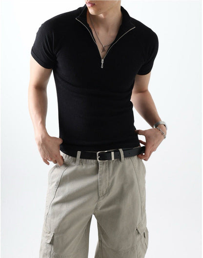 Ribbed Slim Zip Short Sleeve T-Shirt