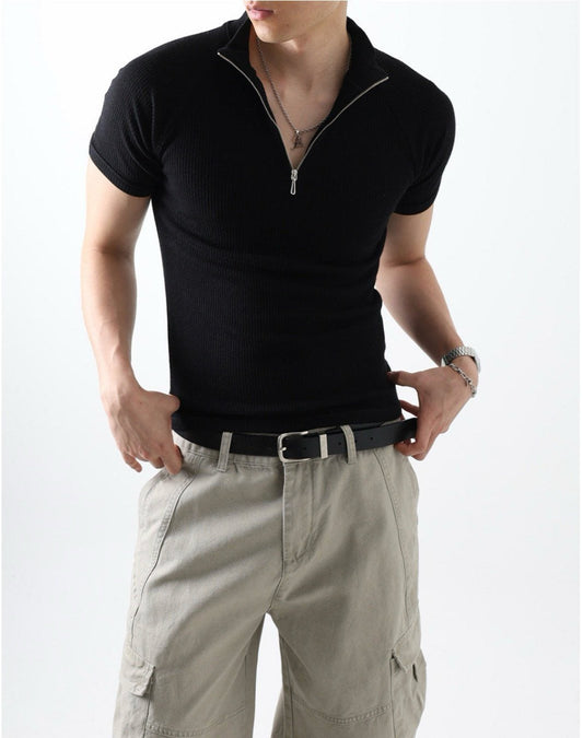 Ribbed Slim Zip Short Sleeve T-Shirt