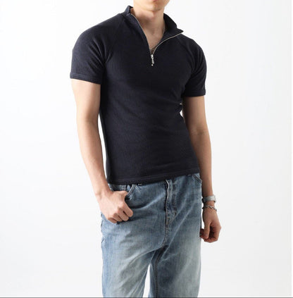 Ribbed Slim Zip Short Sleeve T-Shirt