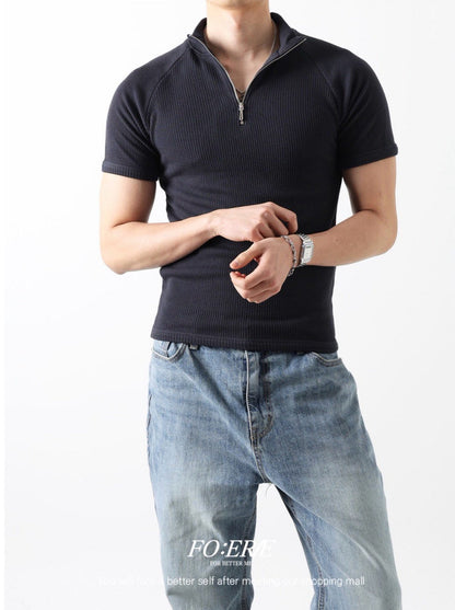 Ribbed Slim Zip Short Sleeve T-Shirt