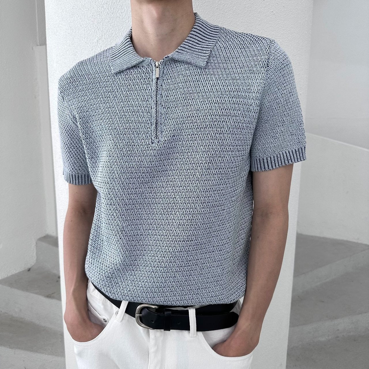 Two-Tone Zip Collar Knit Polo
