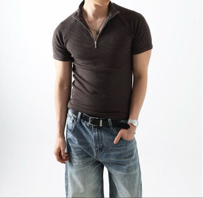 Ribbed Slim Zip Short Sleeve T-Shirt