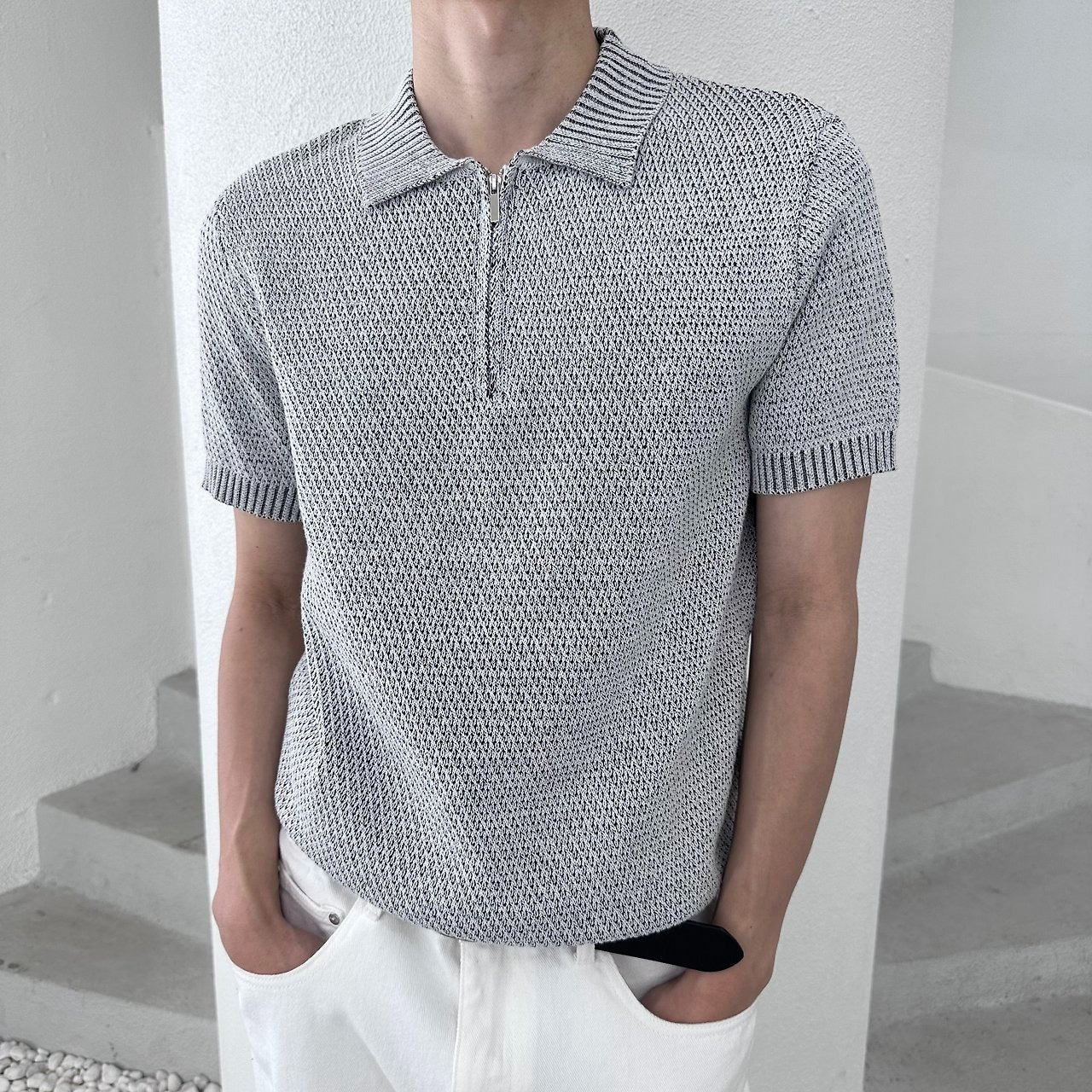 Two-Tone Zip Collar Knit Polo