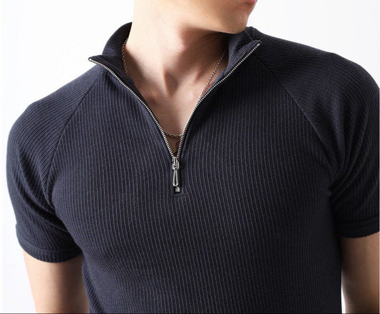 Ribbed Slim Zip Short Sleeve T-Shirt