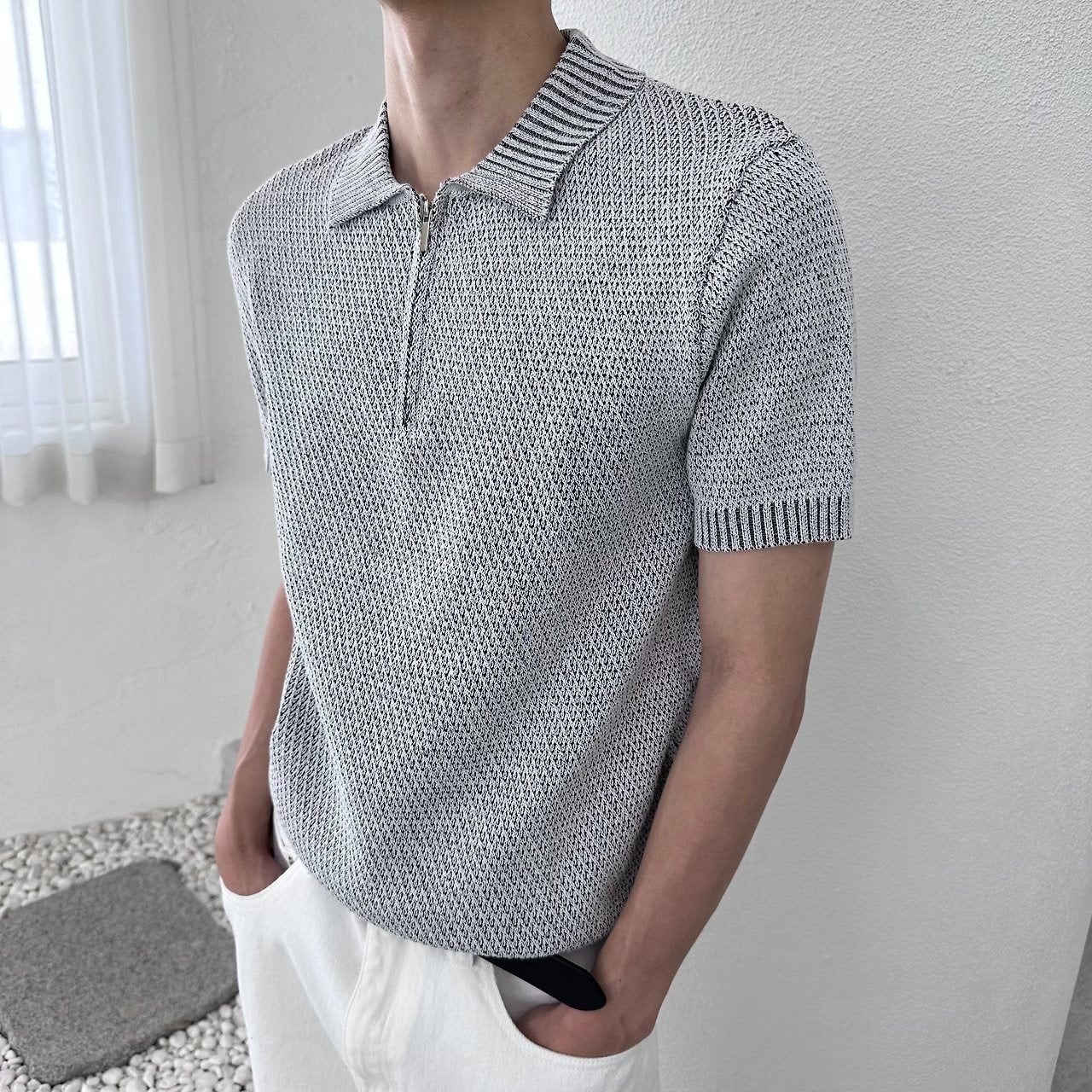 Two-Tone Zip Collar Knit Polo