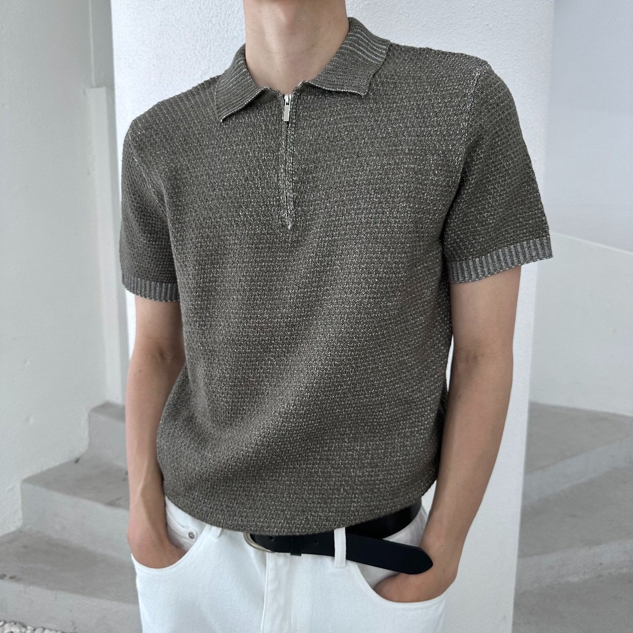 Two-Tone Zip Collar Knit Polo