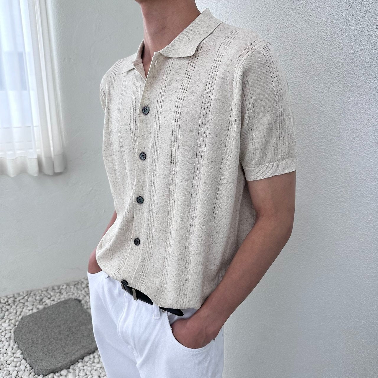 Linen Touch Half Sleeve Collar Cardigan