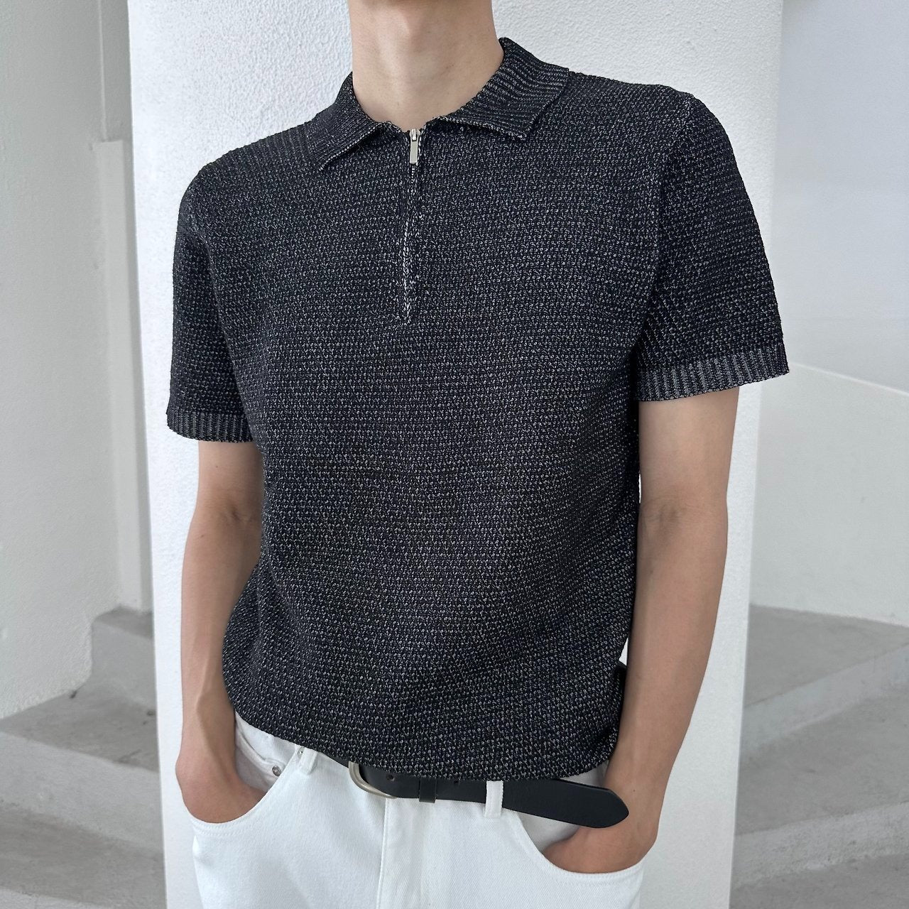 Two-Tone Zip Collar Knit Polo