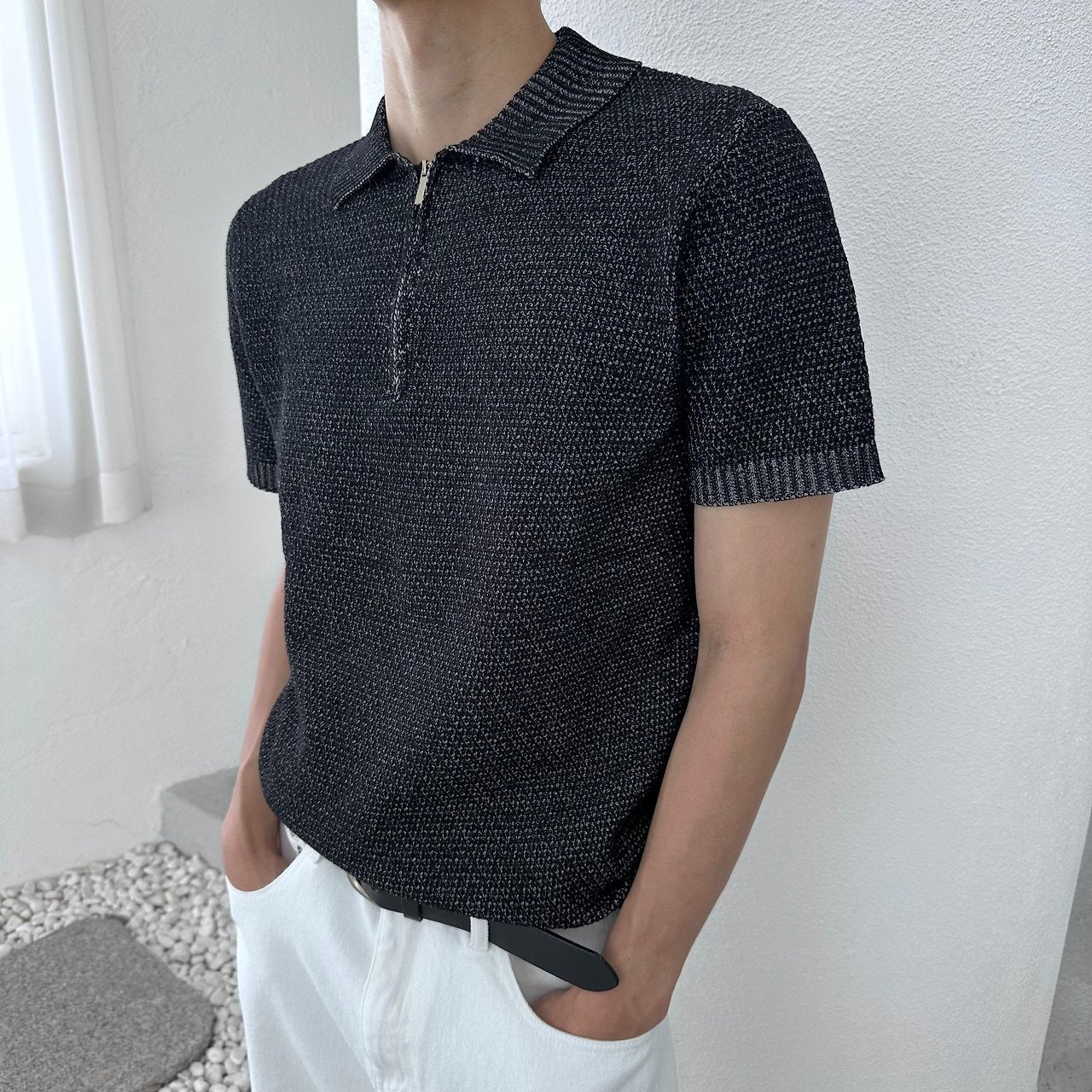 Two-Tone Zip Collar Knit Polo