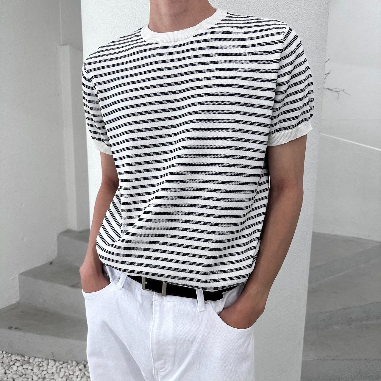 Fine Stripe Half Sleeve Round Knit