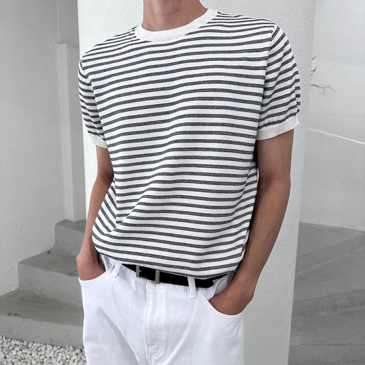 Fine Stripe Half Sleeve Round Knit