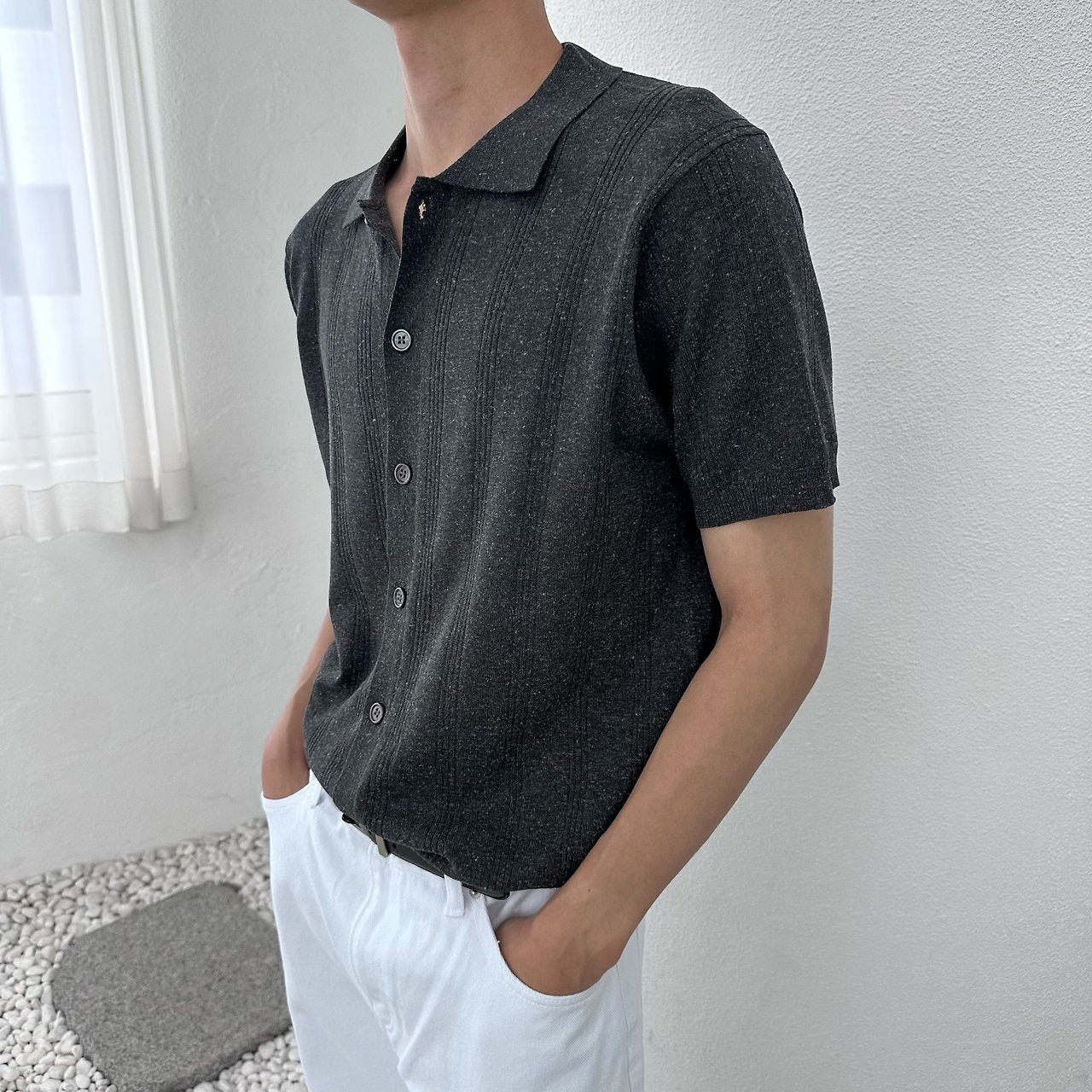 Linen Touch Half Sleeve Collar Cardigan