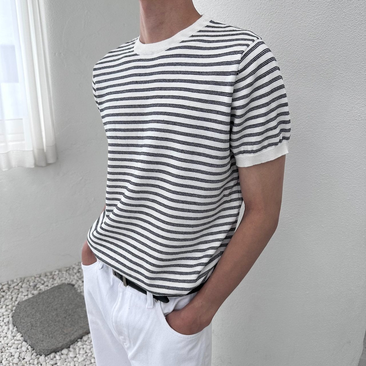 Fine Stripe Half Sleeve Round Knit