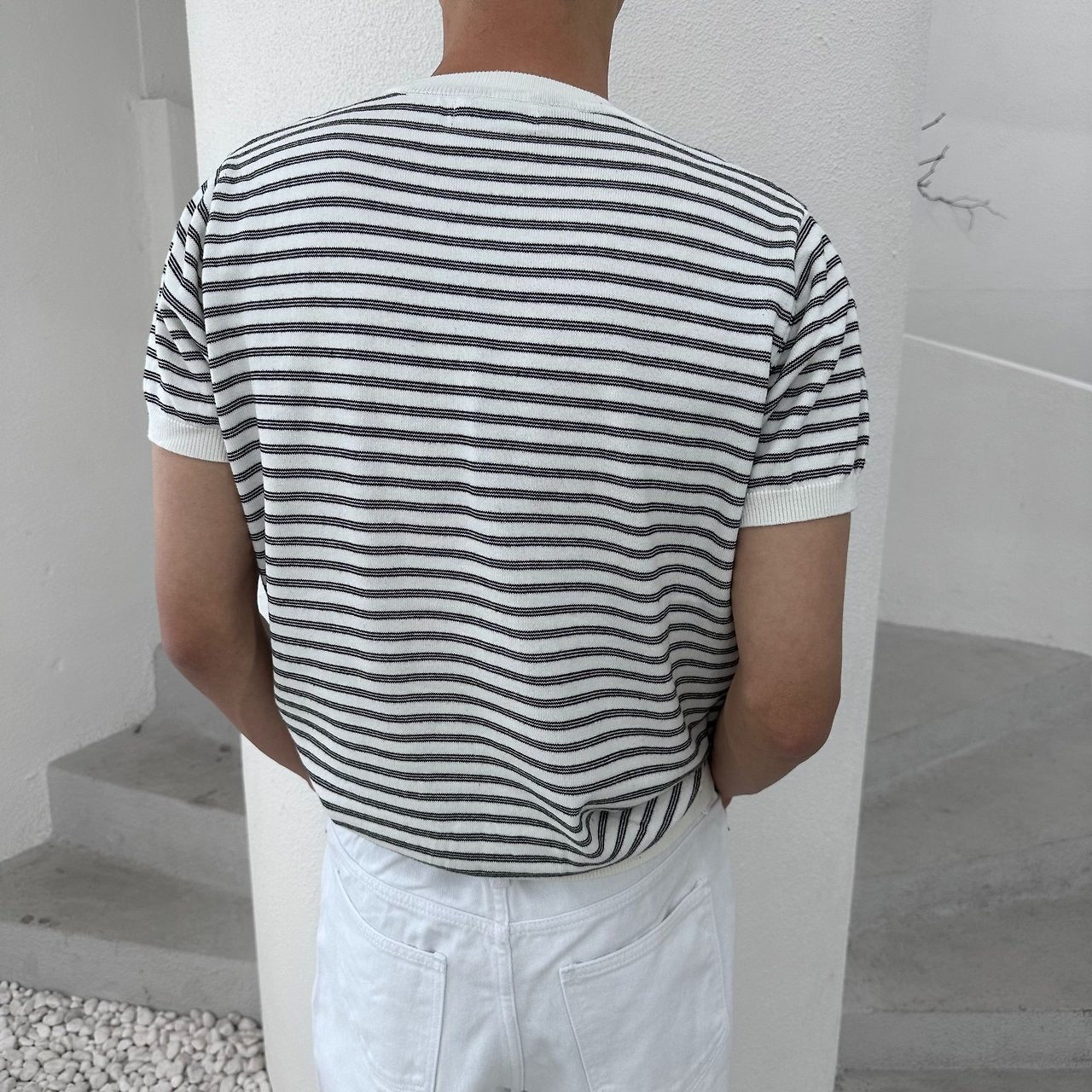 Fine Stripe Half Sleeve Round Knit