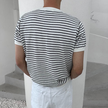 Fine Stripe Half Sleeve Round Knit