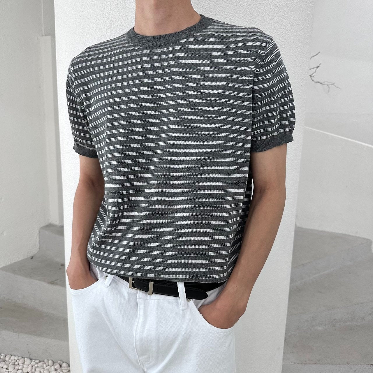 Fine Stripe Half Sleeve Round Knit