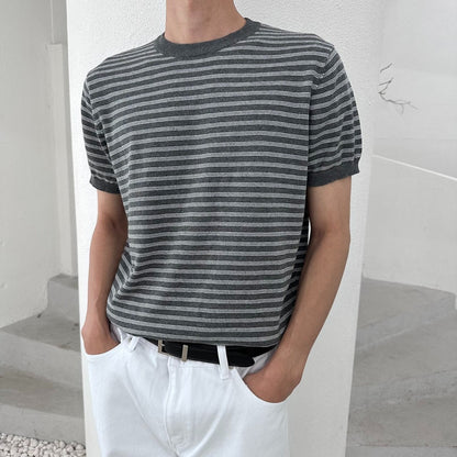 Fine Stripe Half Sleeve Round Knit