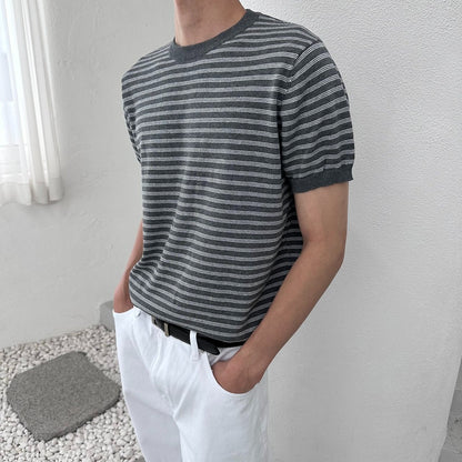 Fine Stripe Half Sleeve Round Knit