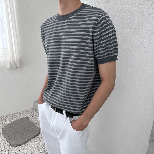 Fine Stripe Half Sleeve Round Knit