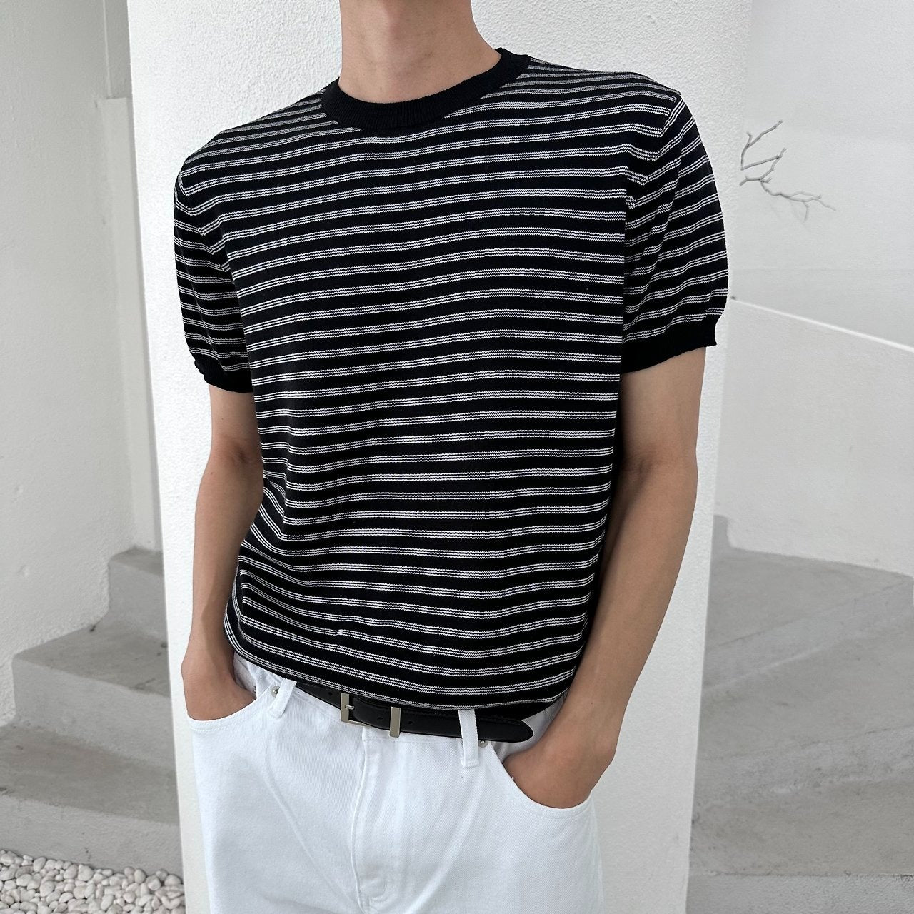 Fine Stripe Half Sleeve Round Knit