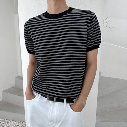 Fine Stripe Half Sleeve Round Knit