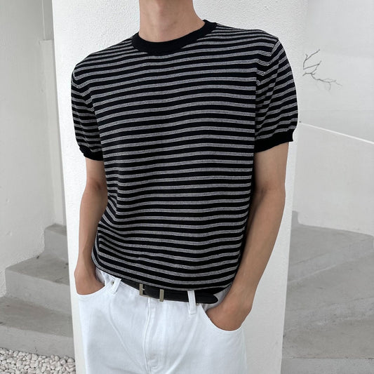Fine Stripe Half Sleeve Round Knit