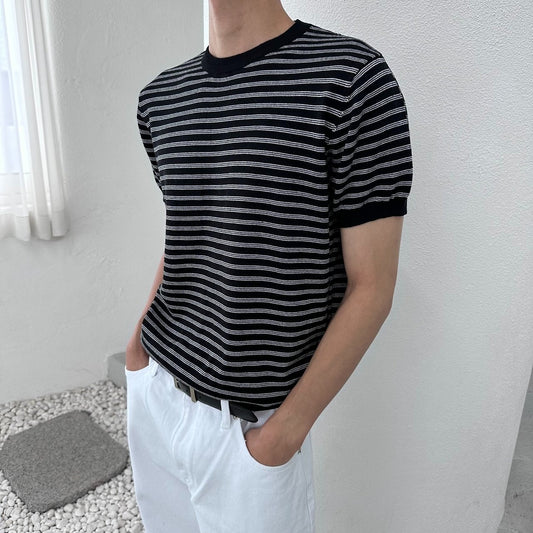 Fine Stripe Half Sleeve Round Knit