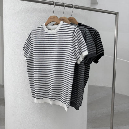 Fine Stripe Half Sleeve Round Knit