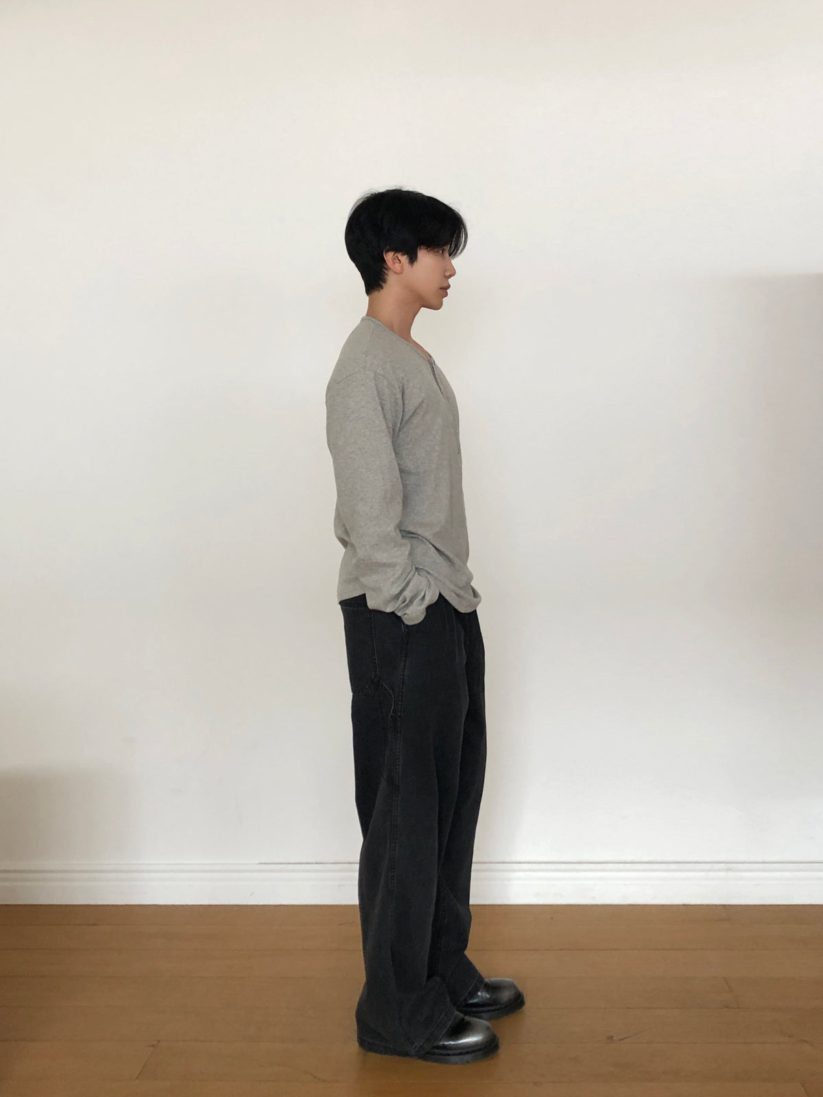 Slub Henley Neck Long Sleeve - GRAY side profile