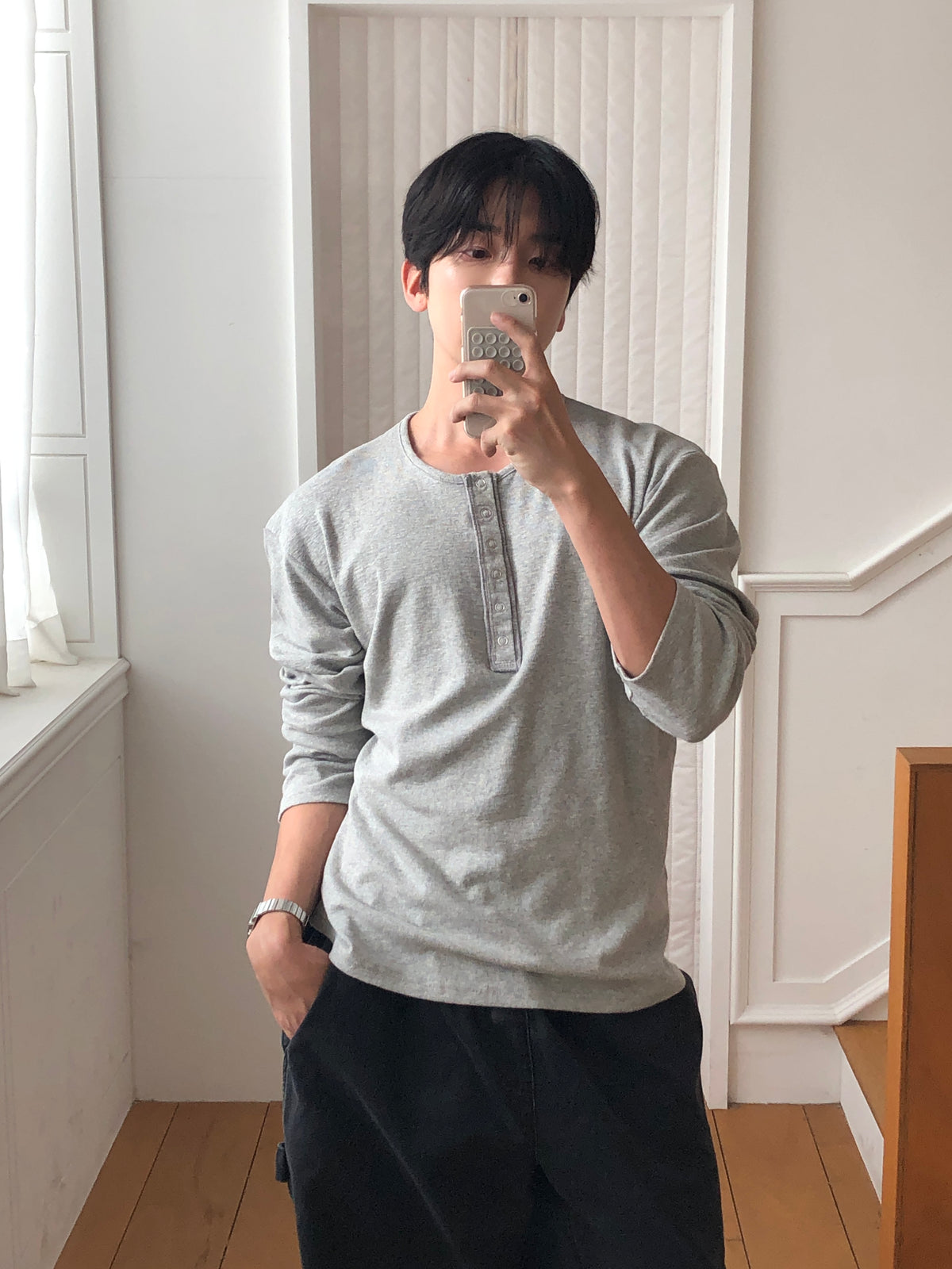 Slub Henley Neck Long Sleeve - GRAY mirror selfie