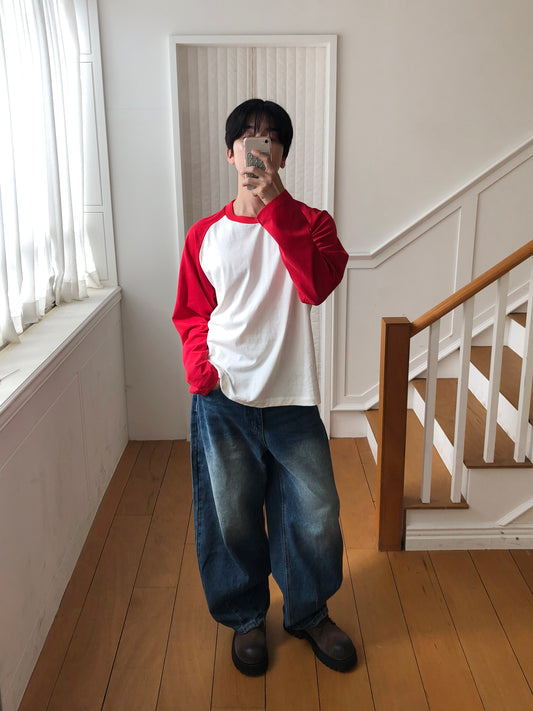 Color-block Raglan Long Sleeve - IVORY/RED staircase