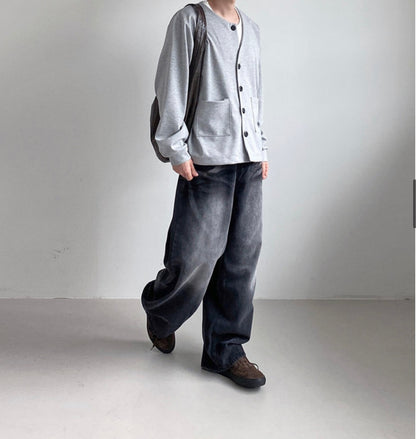 アンバランスボタンカーディガン GRAY 着用イメージ サイド