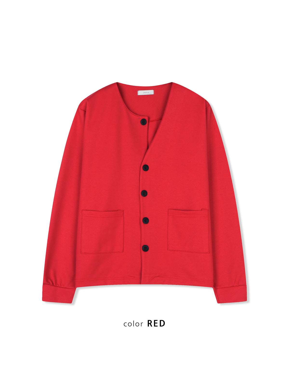アンバランスボタンカーディガン RED 着用イメージ 正面