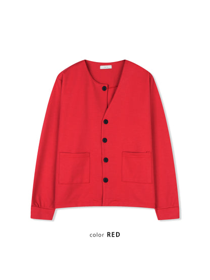 アンバランスボタンカーディガン RED 着用イメージ 正面