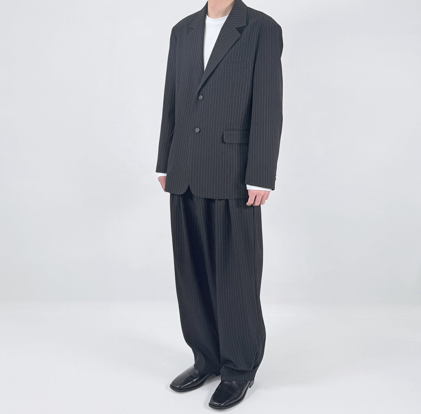 Pinstripe Oversized Blazer CHARCOAL worn front